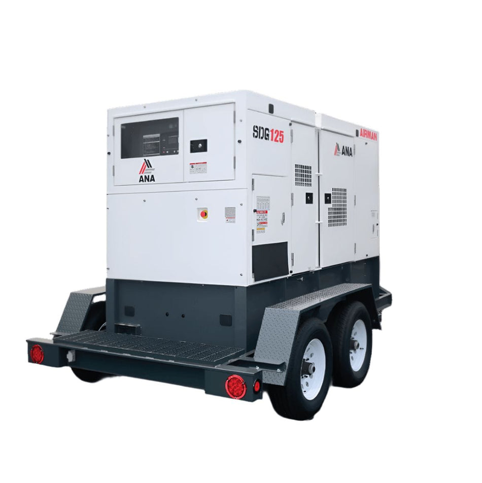 The image shows an Airman SDG125S mobile generator. This is a 125 kVA prime power generator designed for reliable performance and extended power in various applications. 