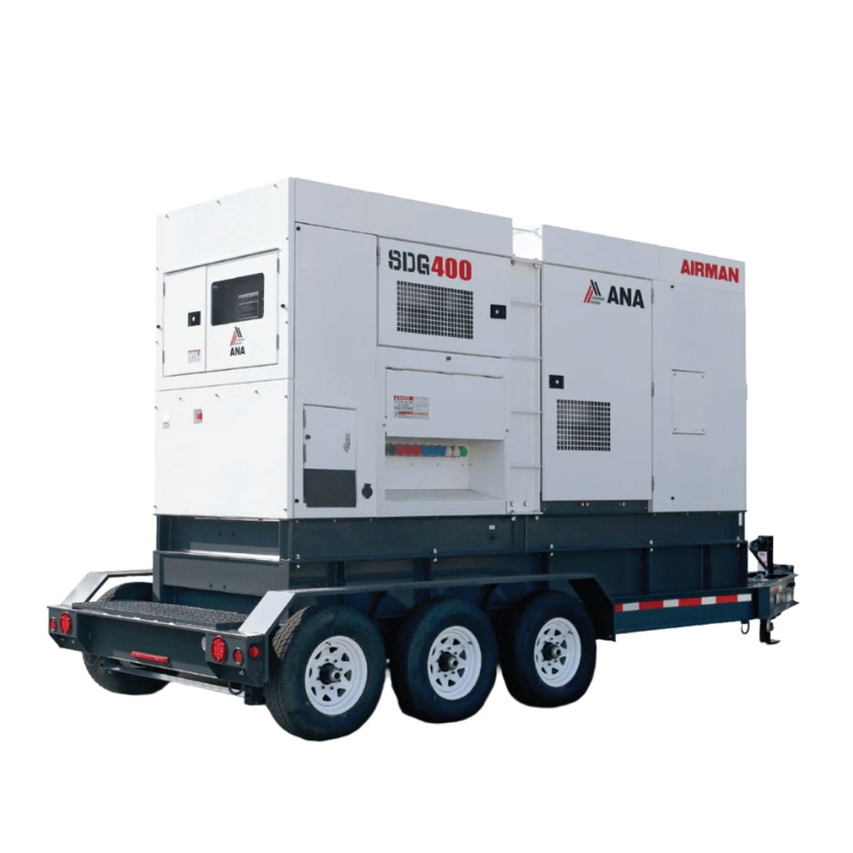This is a large, industrial generator housed in a white, boxy enclosure. The entire unit is mounted on a black, triple-axle trailer, indicating that it is designed to be mobile for use at construction sites or for temporary power needs. Various access panels, vents, and branding like "AIRMAN" and "SDG400" are visible on its side.