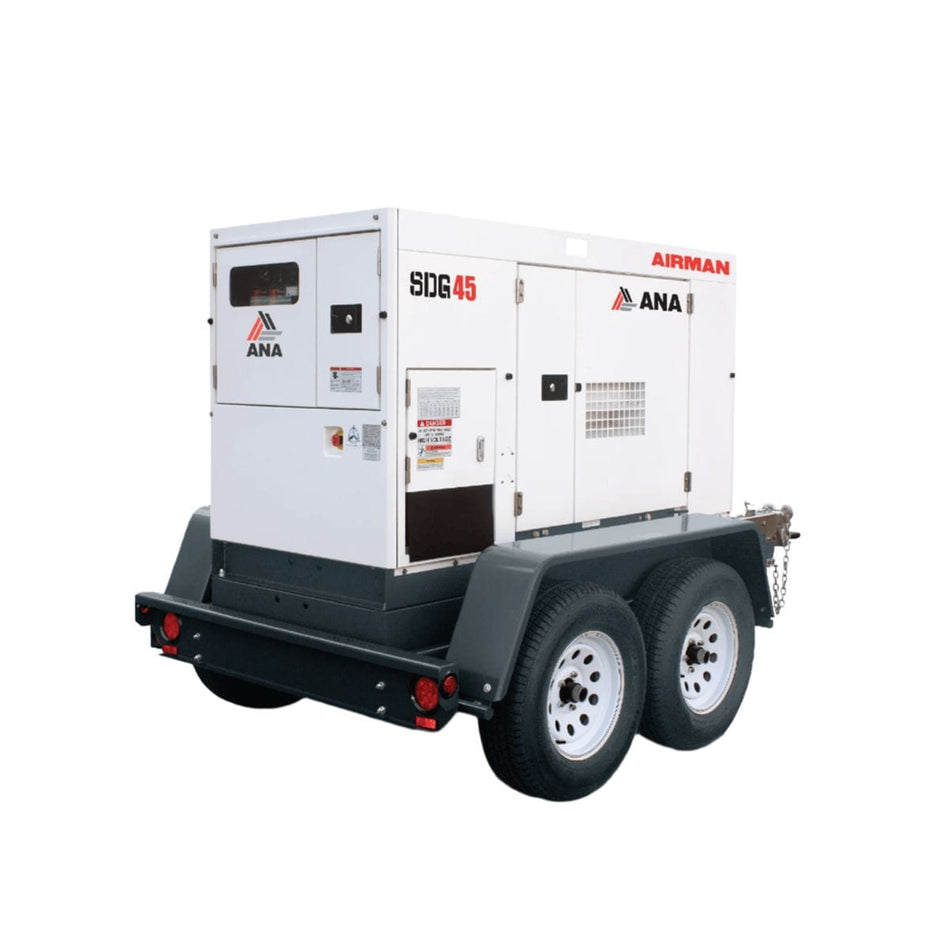 The image shows an Airman SDG45S mobile generator, a diesel-powered unit designed for various applications requiring reliable power. 