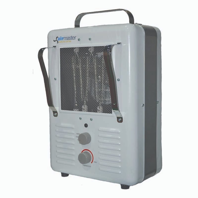 Airmaster electric milkhouse heater with a mesh front panel, two black side handles, a top carry handle, and dual control knobs. Designed for supplemental heat in small indoor spaces.