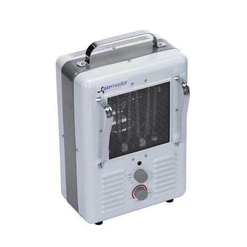 A Airmaster-branded portable utility heater with a white mesh front panel, two control knobs, a red indicator light, and dual side handles. Built for garage or workshop heating.