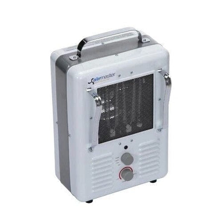A Airmaster-branded portable utility heater with a white mesh front panel, two control knobs, a red indicator light, and dual side handles. Built for garage or workshop heating.