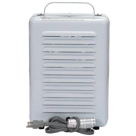 A compact Airmaster electric milkhouse heater with a metallic gray exterior, horizontal front vents, a coiled power cord, and a top handle for portability. Designed for small indoor heating.