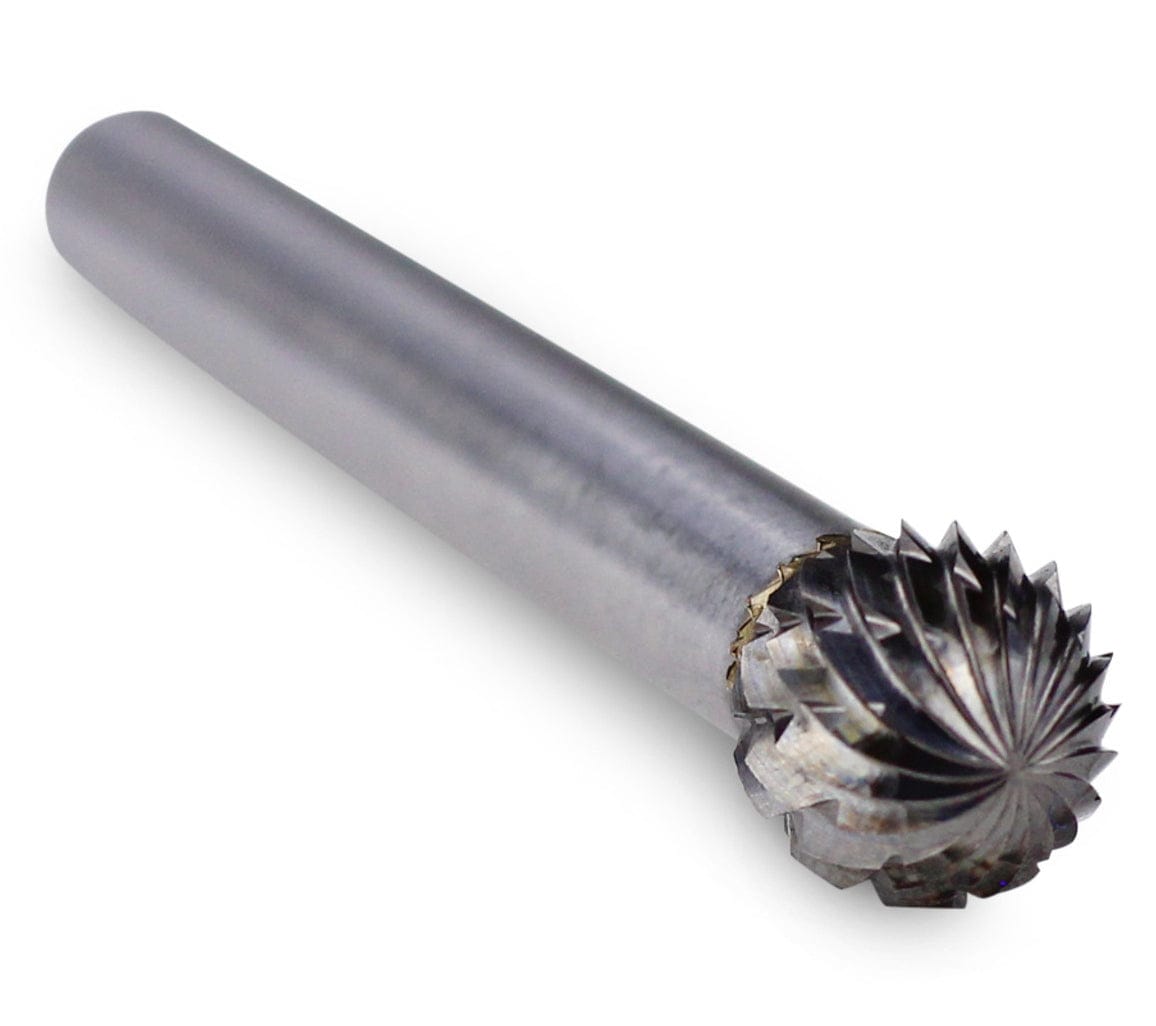 A three-quarter angle studio shot of the UCT Gem Carbide SD-1 ball-shaped burr.