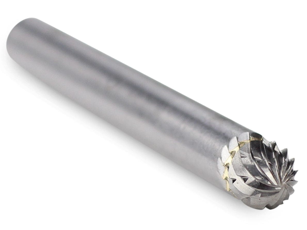 A three-quarter angle studio shot of the UCT Gem Carbide SD-1 ball-shaped burr.