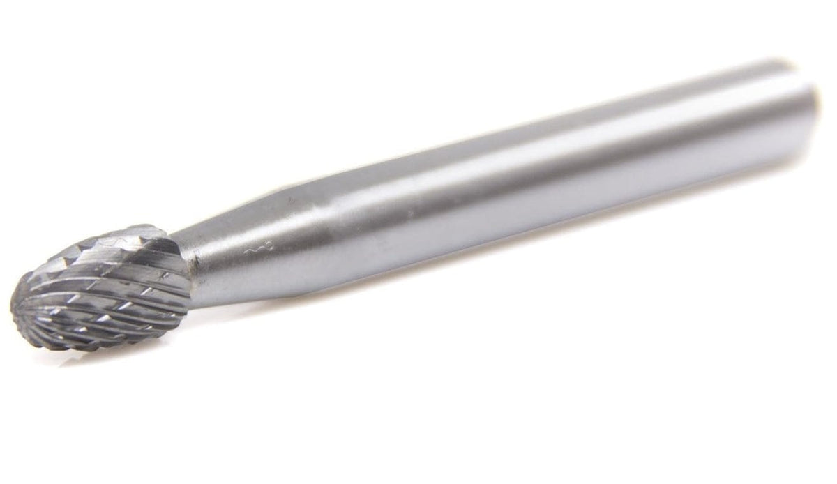 A three-quarter angle studio shot of the Allegiance SE-1 1/4-inch double-cut oval-shaped carbide burr.