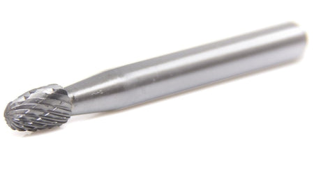 A three-quarter angle studio shot of the Allegiance SE-1 1/4-inch double-cut oval-shaped carbide burr.