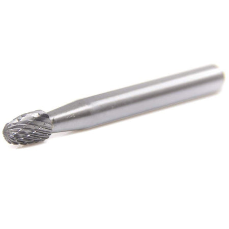 A three-quarter angle studio shot of the Allegiance SE-1 1/4-inch double-cut oval-shaped carbide burr.