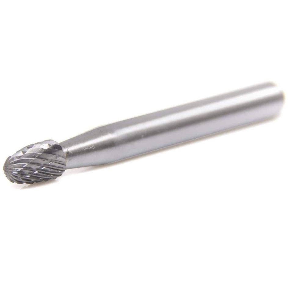 A three-quarter angle studio shot of the Allegiance SE-1 1/4-inch double-cut oval-shaped carbide burr.