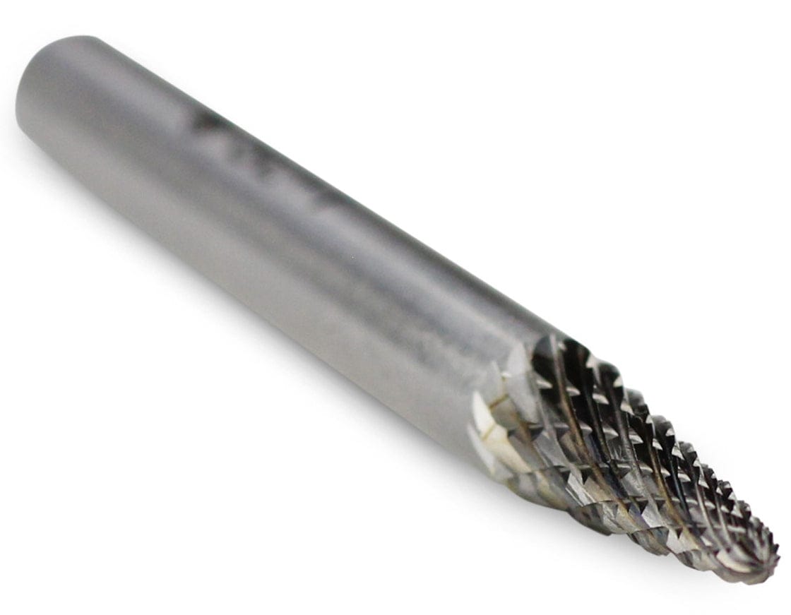 A three-quarter angle studio shot of the UCT Gem Carbide SL-1 burr, highlighting the double-cut, tapered radius-end head.