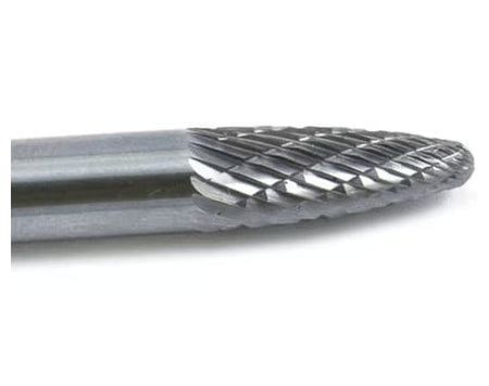 A close-up macro shot of the double-cut (cross-cut) flutes on the head of the UCT Gem Carbide SL-1 burr.