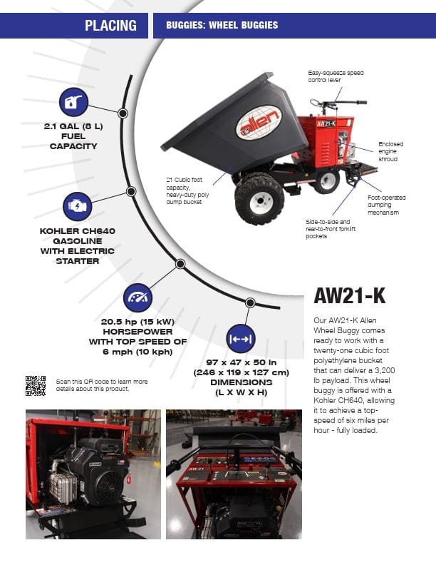 Product information sheet for the Allen AW21-K Power Buggy showing labeled diagram, specifications, and features including 21 cubic foot poly bucket, Kohler CH640 engine, and electric start.
