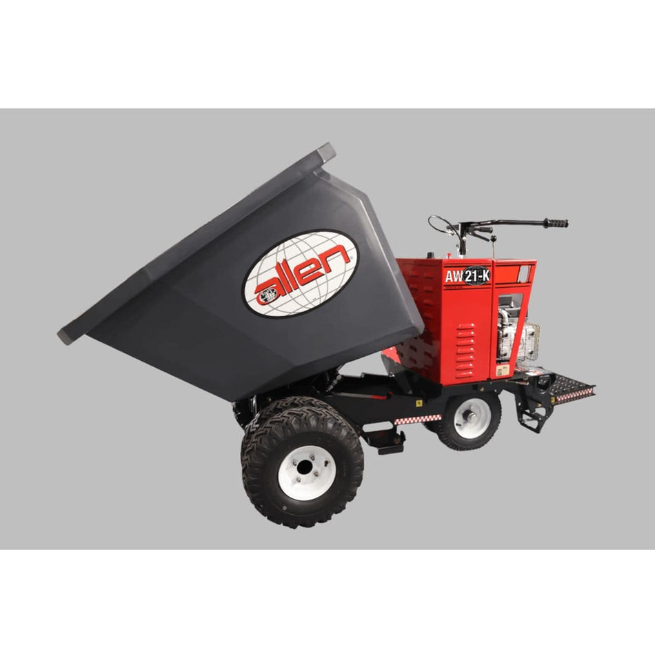 Allen WHEEL BUGGIES - AW21-K: The image depicts a red construction vehicle with a large, dark gray, tilted bucket in the front. It appears to be a motorized wheelbarrow or dumper, designed for moving materials on a job site. The vehicle has thick, textured tires and a simple handlebar for steering.