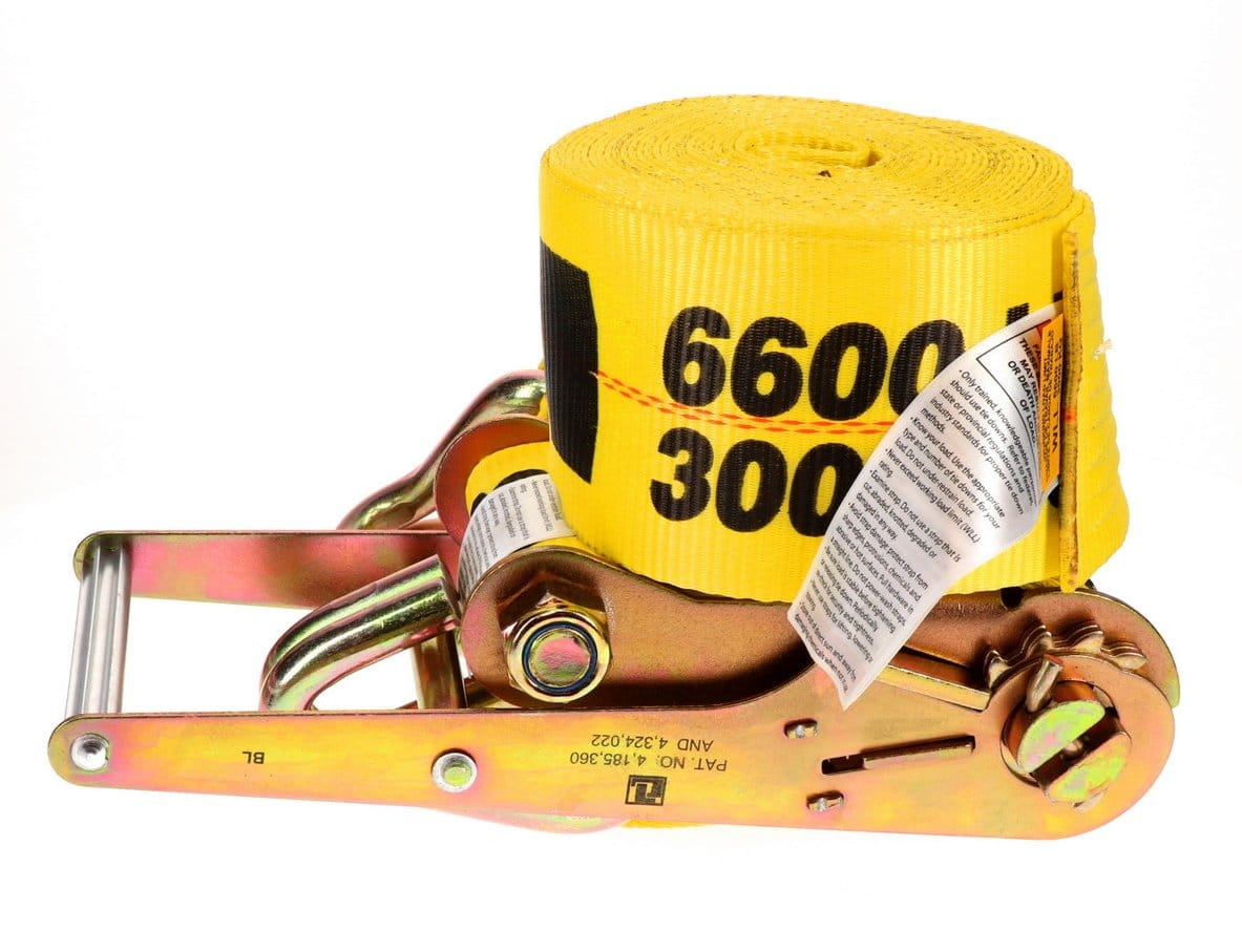 Side view of the heavy-duty ratchet mechanism and the rolled yellow strap, which is clearly marked with the 6,600 lb WLL capacity in large black lettering.