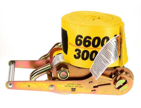 Side view of the heavy-duty ratchet mechanism and the rolled yellow strap, which is clearly marked with the 6,600 lb WLL capacity in large black lettering.