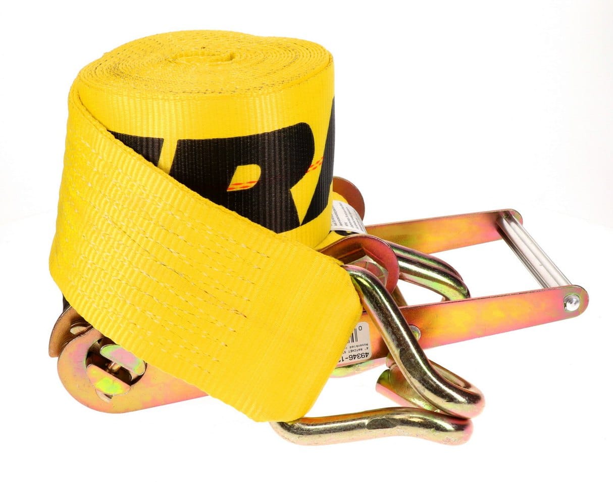 Angled view of the entire 4-inch yellow polyester strap assembly, showing the rolled webbing, the large ratchet handle, and the dual chromate-coated J-hooks.