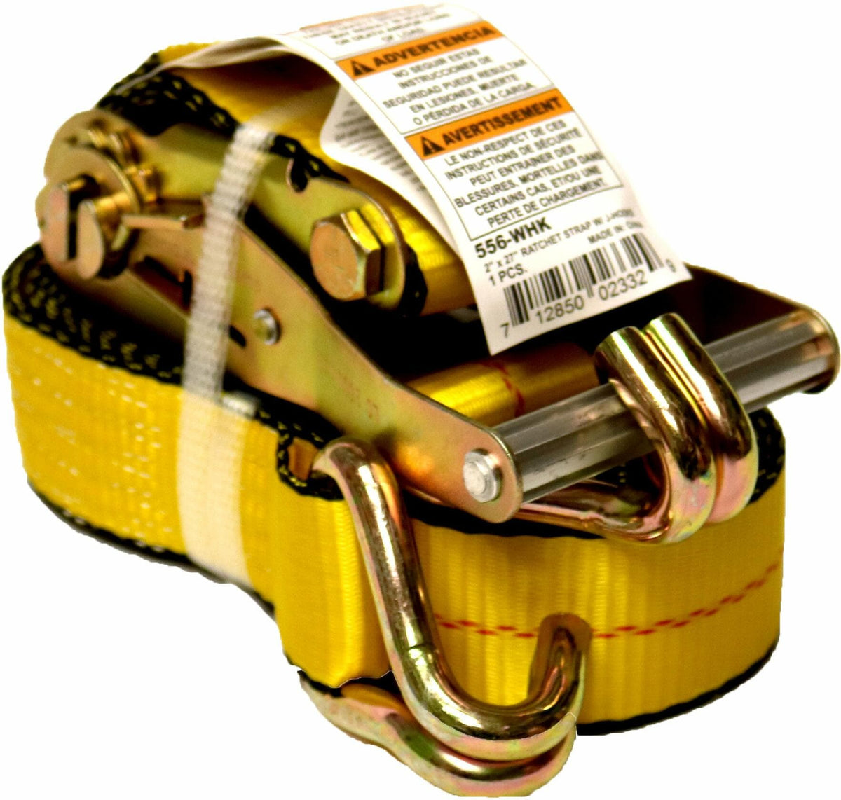 Close-up of the ratchet buckle mechanism and the double J-hooks, showing the yellow webbing and safety warnings on the attached product tag.