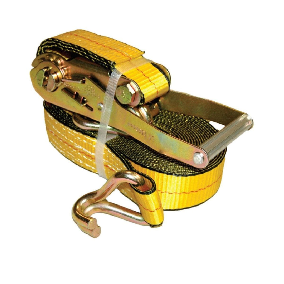 Close-up of the heavy-duty ratchet mechanism and the tightly rolled yellow webbing, highlighting the robust, chromate-coated metal components and attached double J-hook.