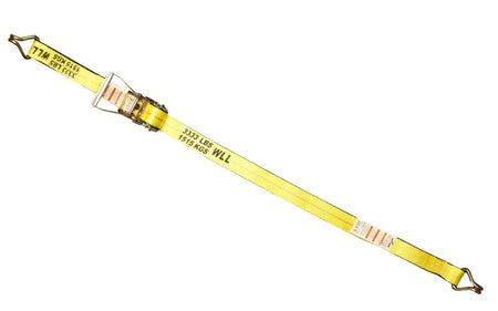 Full length of the yellow 2-inch webbing strap showing the 3,333 lbs WLL (Working Load Limit) clearly printed on the fabric, extending from the tensioning hardware.