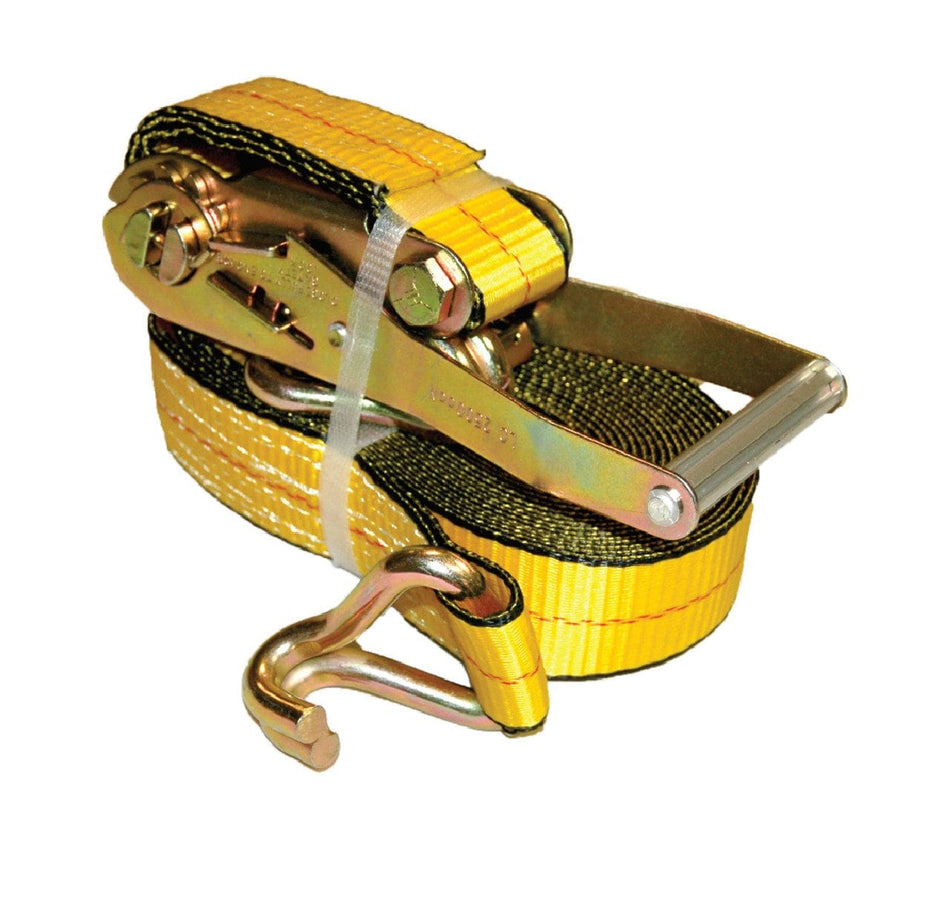 Close-up of the heavy-duty ratchet mechanism and the tightly rolled yellow webbing, highlighting the robust, chromate-coated metal components and attached double J-hook.