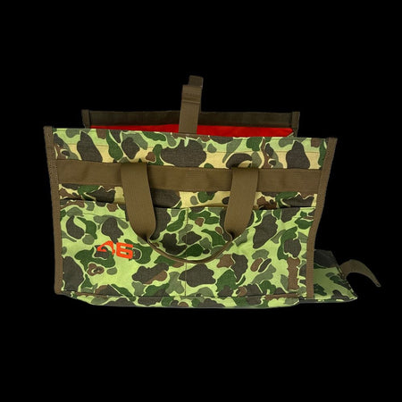 Atlas 46 Frog Skin Camo tool bag front view with deployed base pad designed to protect trade workers' knees on rough jobsite surfaces.