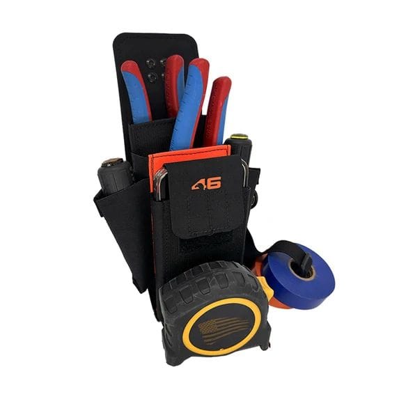An upright Atlas 46 Murphy Speed Pouch Plus packed with trade tools, including blue and red handled linesman pliers, screwdrivers, a black tape measure, and roles of blue electrical tape on an attachment strap, isolated on a white background.
