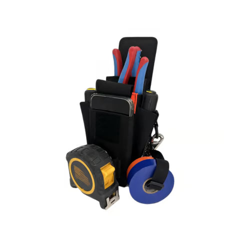 A side-angle view of the fully loaded black and orange Atlas 46 tool pouch organizer featuring a smartphone stored in the front protective sleeve, flanked by screwdrivers, pliers, a tape measure, and electrical tape.
