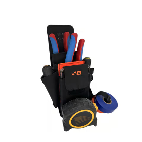 A front-facing view of the compact black LaserLock Fabric tool pouch assembly displaying the orange accent panel, embroidered 46 logo, and staggered storage rows containing trade pliers and a tape measure.