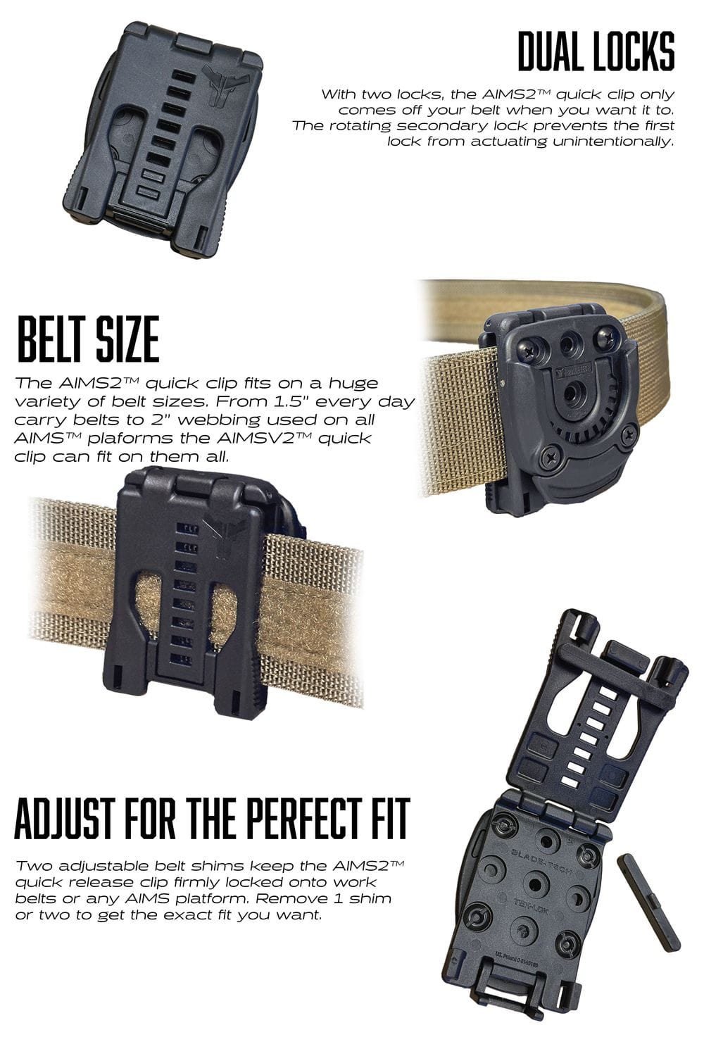An educational product infographic detailing the mechanism of the black AIMS2 quick release clip attachment, showing belt size compatibility from 1.5 inch to 2 inch webbing and adjustable shims for a tight fit.