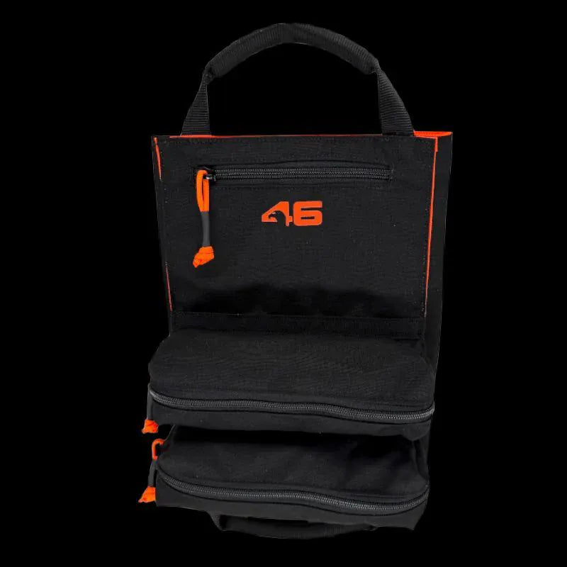 Atlas 46 Yorktown Mini V3 tool roll organizer in black with high-visibility orange stitching and a 46 logo, shown vertically unfolded with three zippered pockets and a top carry handle against a black background.