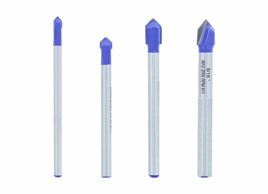 Four drill bits with blue tips on a white background