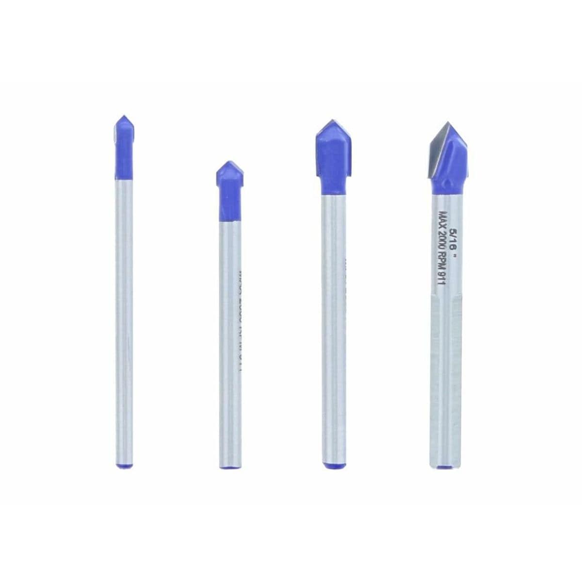 Four drill bits with blue tips on a white background