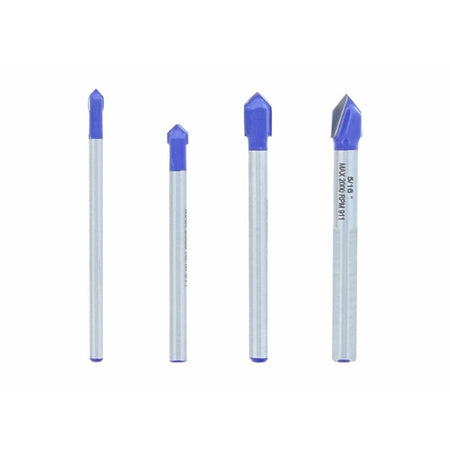 Four drill bits with blue tips on a white background