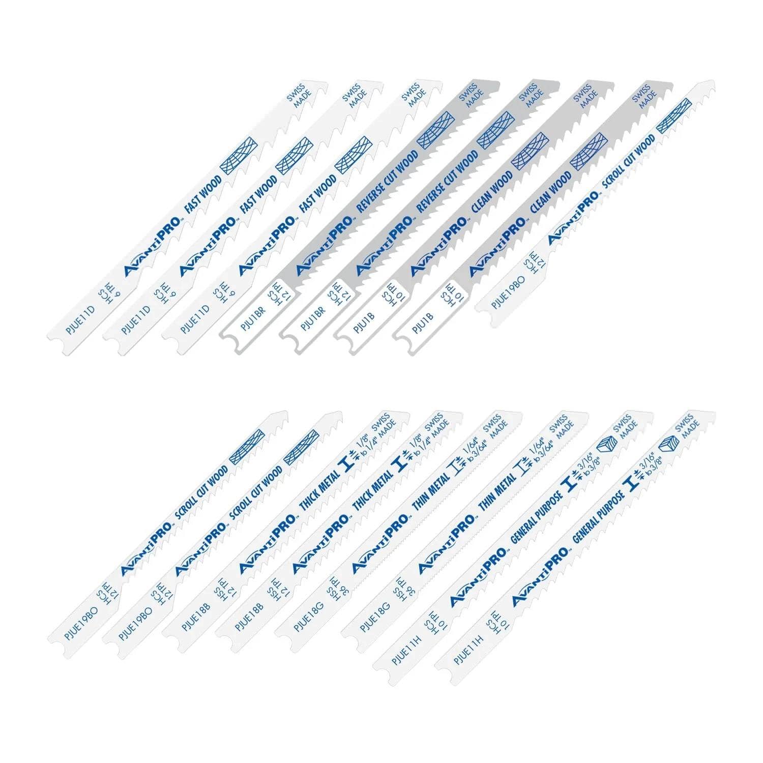 Studio shot of the AvantiPRO 16-piece U-shank jigsaw blade set arranged in two rows, displaying various blade types including fast wood, reverse cut, clean wood, scroll cut, thick metal, thin metal, and general purpose.
