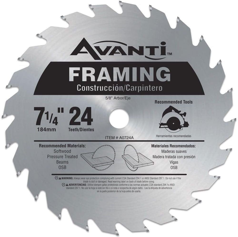 A studio product shot of the silver Avanti A0724A 7-1/4 inch framing saw blade, featuring 24 carbide teeth and black text indicating its use for softwood, pressure treated beams, and OSB.