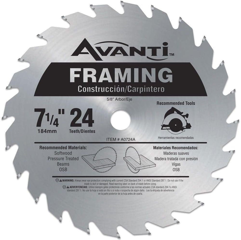 A studio product shot of the silver Avanti A0724A 7-1/4 inch framing saw blade, featuring 24 carbide teeth and black text indicating its use for softwood, pressure treated beams, and OSB.