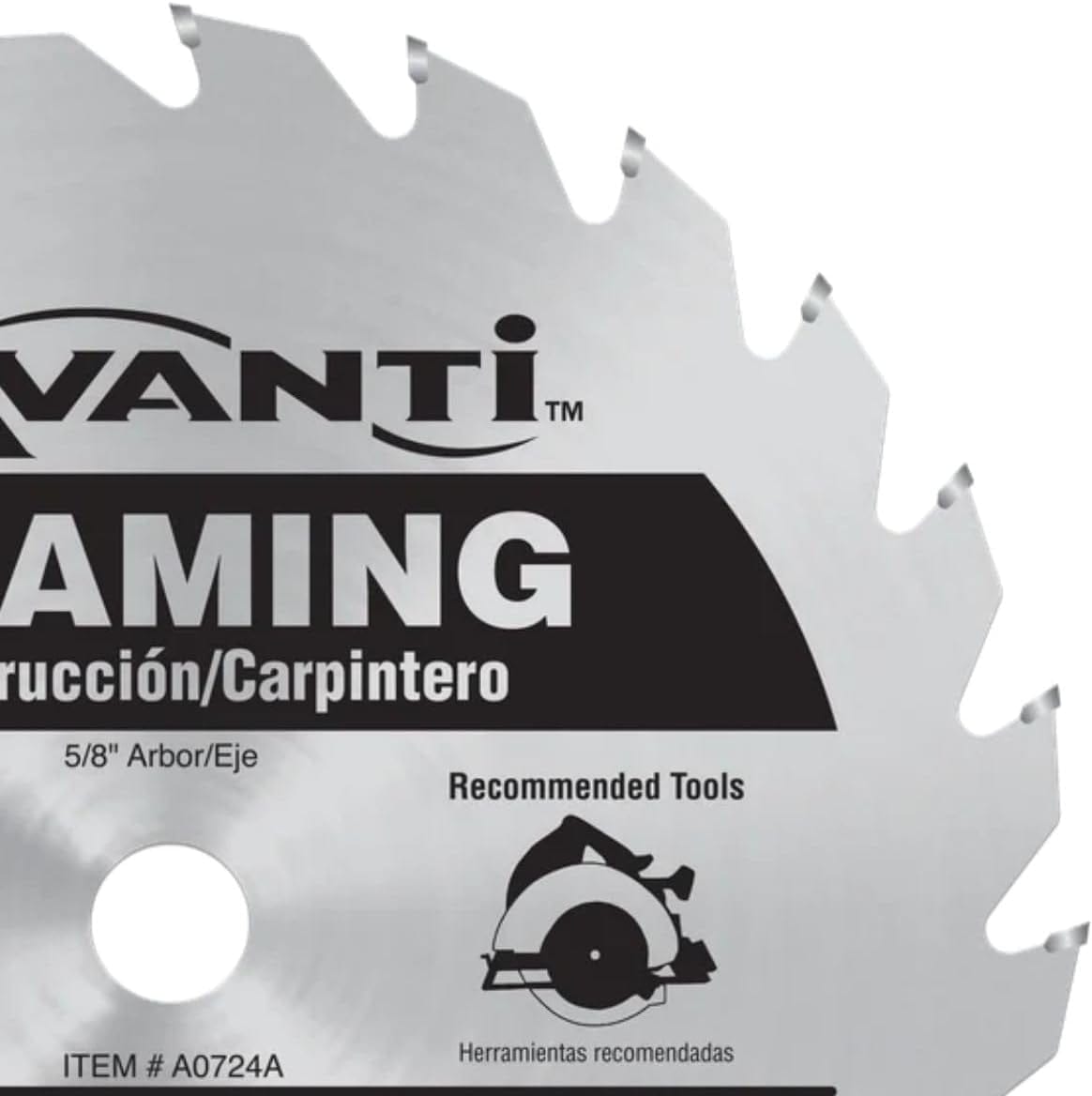 A close-up detail shot of the upper portion of the Avanti framing saw blade, showing the brand logo and the sharp, alternating carbide-tipped teeth against a white background.