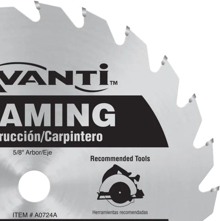 A close-up detail shot of the upper portion of the Avanti framing saw blade, showing the brand logo and the sharp, alternating carbide-tipped teeth against a white background.