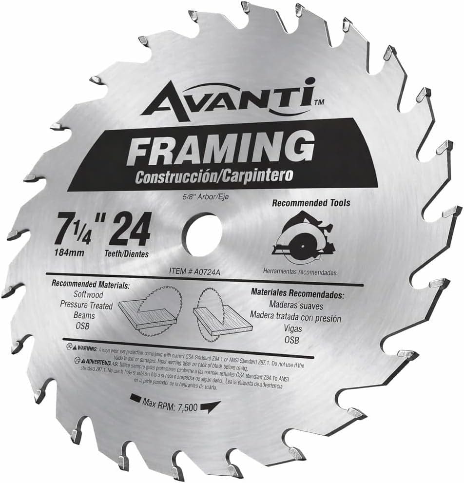 An angled studio shot of the Avanti 7-1/4 inch framing blade, displaying the full circular body, the 5/8-inch arbor hole, and technical specifications including a 7,500 maximum RPM rating.