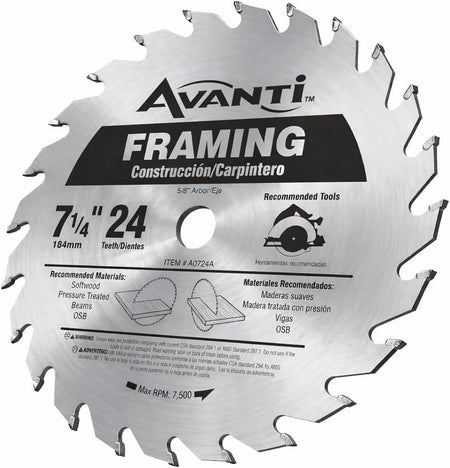 An angled studio shot of the Avanti 7-1/4 inch framing blade, displaying the full circular body, the 5/8-inch arbor hole, and technical specifications including a 7,500 maximum RPM rating.