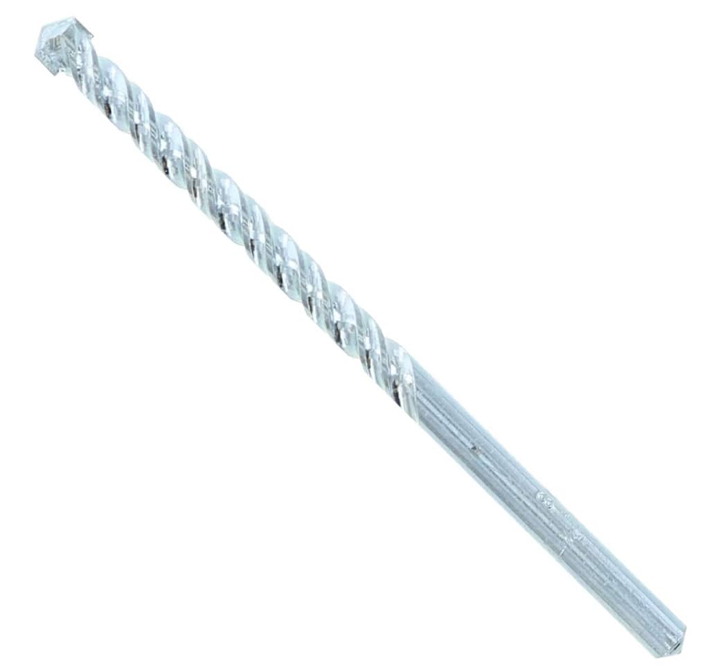 Studio shot of the Avanti Pro 1/4 inch masonry drill bit positioned diagonally, featuring a carbide tip, dual spiral flutes, and a straight shank.