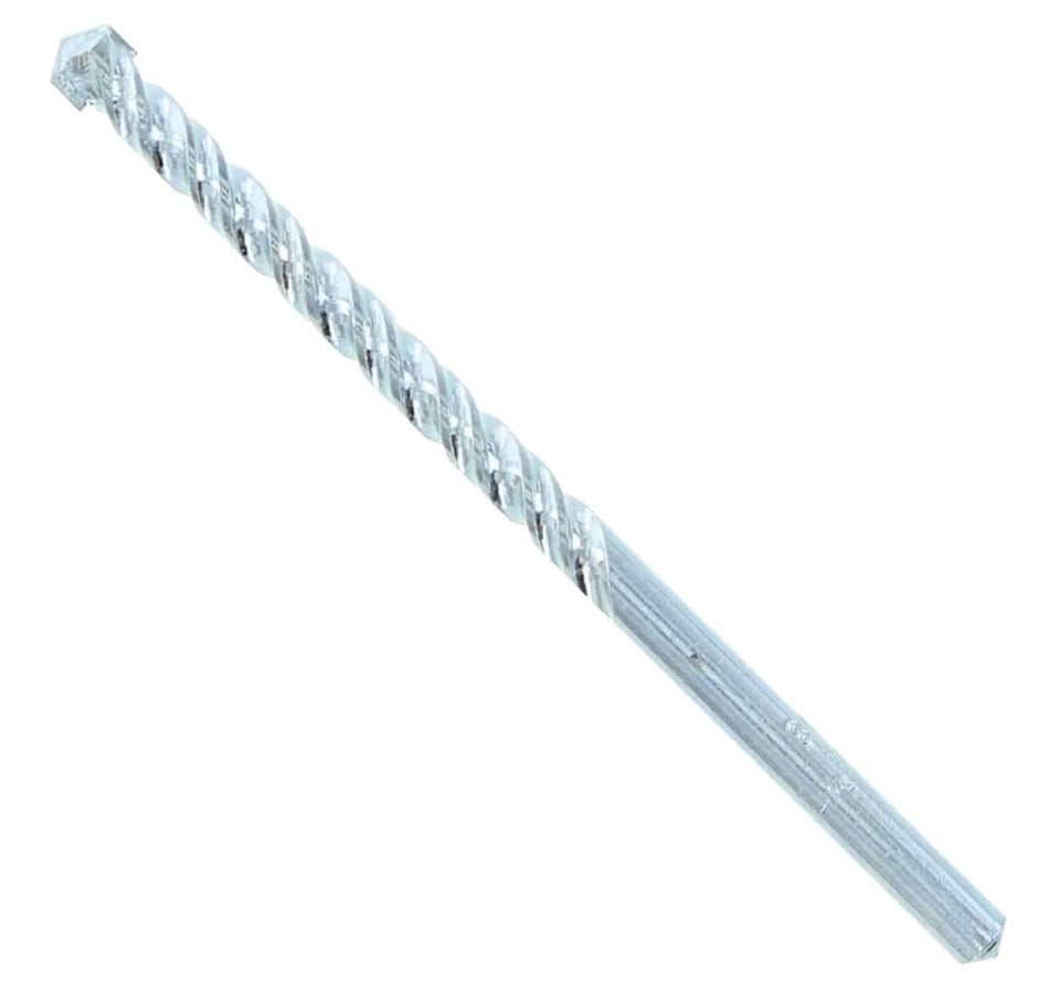 Studio shot of the Avanti Pro 1/4 inch masonry drill bit positioned diagonally, featuring a carbide tip, dual spiral flutes, and a straight shank.