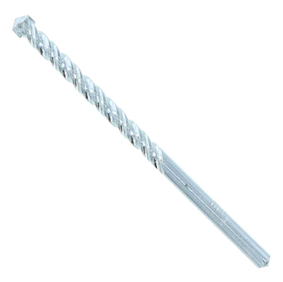 Studio shot of the Avanti Pro 1/4 inch masonry drill bit positioned diagonally, featuring a carbide tip, dual spiral flutes, and a straight shank.