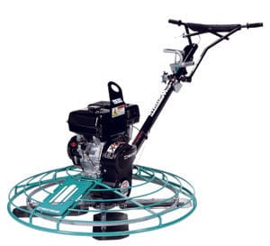 This image shows a walk-behind power trowel, a machine used to create a smooth, dense finish on concrete slabs. It consists of a small gasoline engine mounted above a set of rotating steel blades, which are enclosed within a circular, teal-colored safety cage. A long, angled handlebar with operator controls extends from the machine, allowing a person to stand and guide it across the concrete surface.