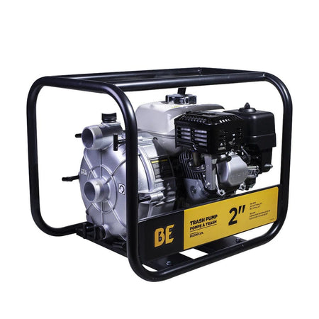 BE TP-2065HR 2" trash pump with silver pump body and black Honda GX160 engine mounted in a black metal frame. Label indicates model and engine type. Suitable for medium-duty water transfer involving debris-laden water.