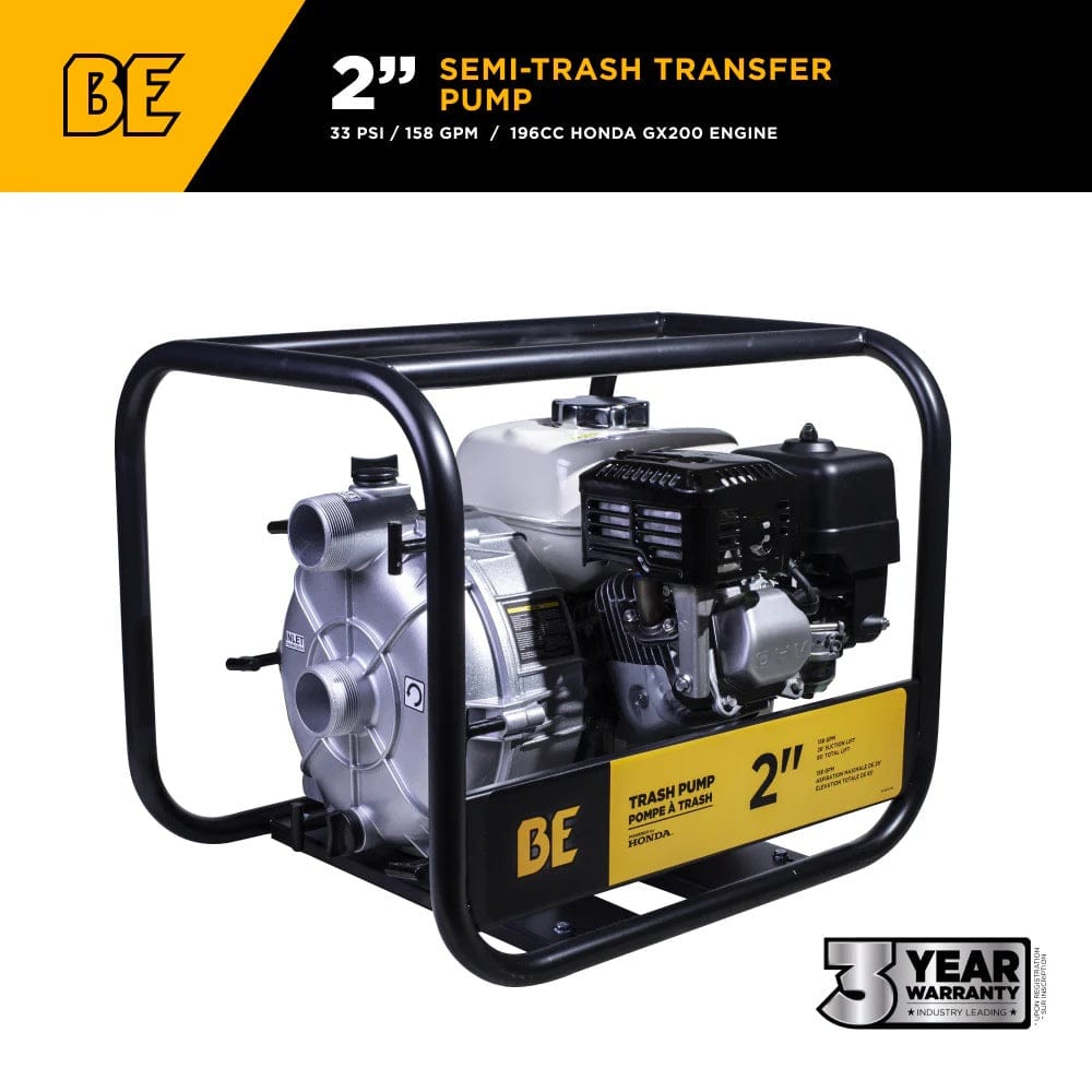 BE 2" semi-trash transfer pump with 196cc Honda GX200 engine, encased in a metal frame. Image highlights specs: 158 GPM flow, 33 PSI pressure, and a 3-year warranty badge. Designed for dirty water transfer in rugged environments.