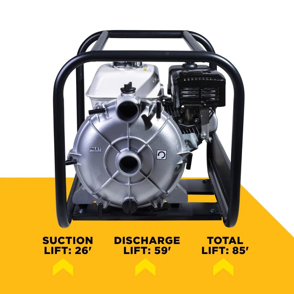 Image of a BE semi-trash pump in a metal frame with performance specs displayed below: 26' suction lift, 59' discharge lift, and 85' total lift. The pump is powered by a gasoline engine and designed for dirty water transfer.