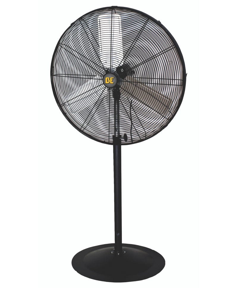 Front view of the high velocity industrial pedestal fan showing the BE logo on the center hub and the sturdy circular base.