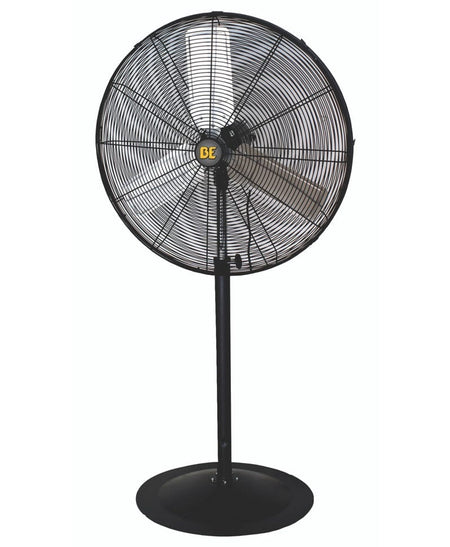 Front view of the high velocity industrial pedestal fan showing the BE logo on the center hub and the sturdy circular base.