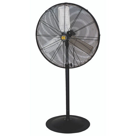 Front view of the high velocity industrial pedestal fan showing the BE logo on the center hub and the sturdy circular base.